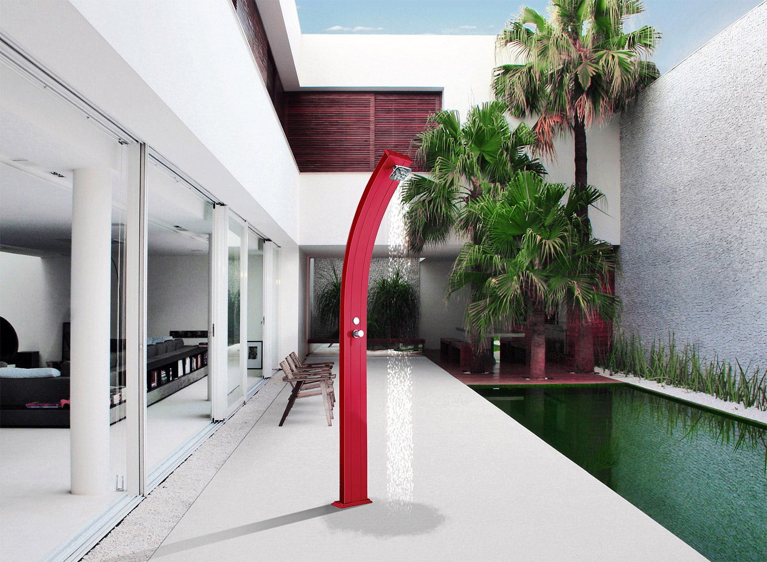 Doccia Solare da Esterno Giardino 30L Miscelatore Arkema Spring Fascia Inox Bianco Crema