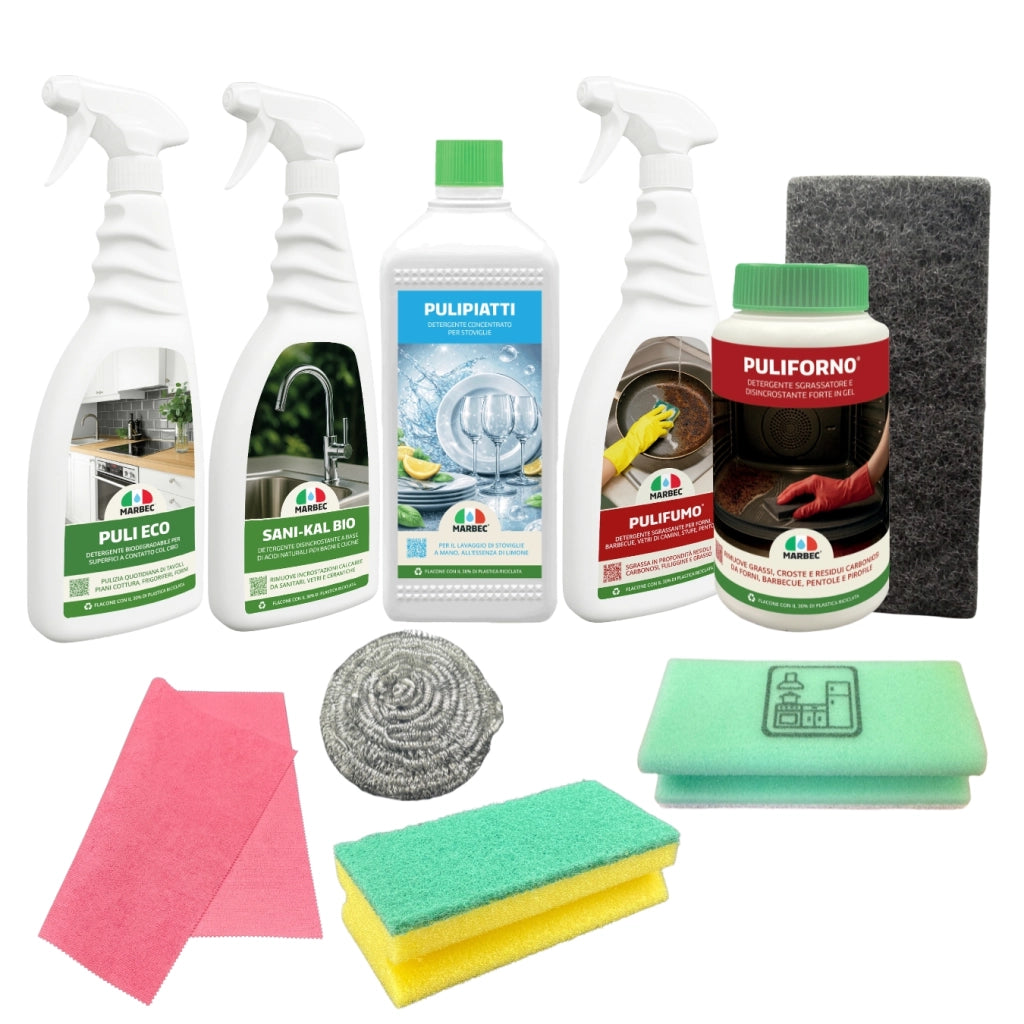 Kit Pulizia Cucina Completo, Detergenti e Accessori per Superfici Brillanti e Igienizzate Marbec KIT CUCINA