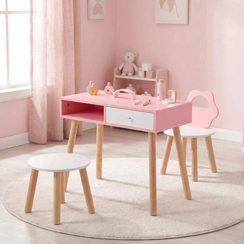 2 in 1 Set Tavolo Manicure per Bambini per Cameretta | Set Toeletta per Bambini con 2 Sedie in Legno con Cassetto e Scomparto, Postazione Trucco per Gioco e Studio, 61 x 35 x 51 cm