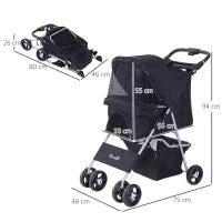 Passeggino per Cani Piccoli Pieghevole, Carrozzina per Cani con Ruote con Freni, Portabicchieri, Cestino Portaoggetti, 3 Finestre e Ruote Anteriori a 360°, per Animali Domestici 10 kg, Nero