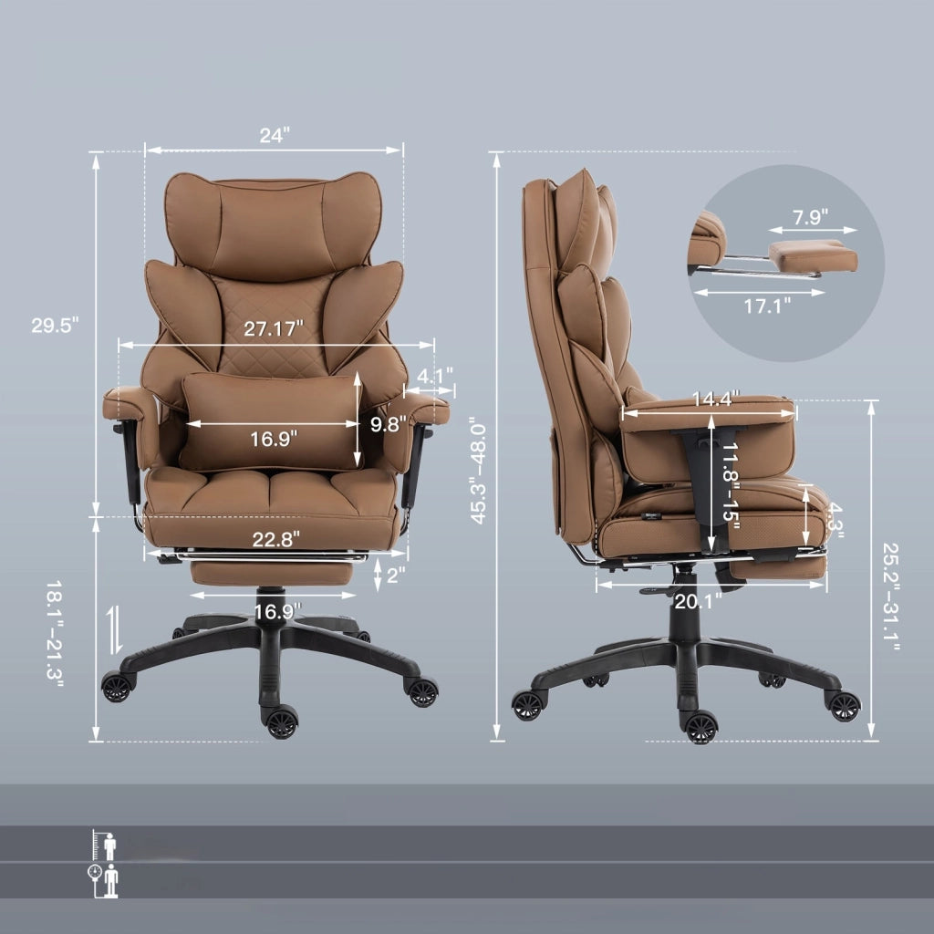 Sedia Gaming DOWINX Marrone in PU con Molle Insacchettate; Poggiapiedi e Schienale 90°-135°