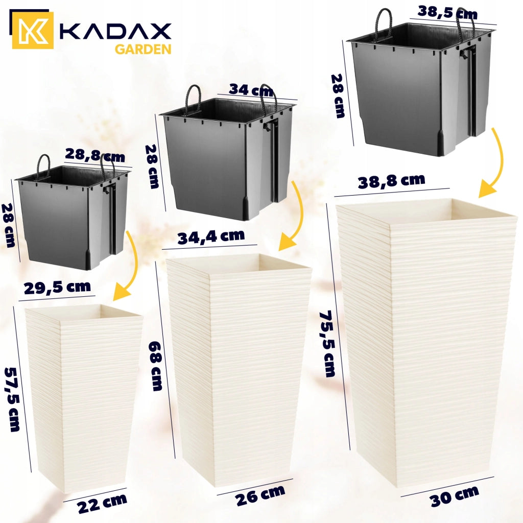 Set di 3 vasi da fiori KADAX, vasi da giardino + inserti, alti e grandi, color crema, 57+68+75 cm