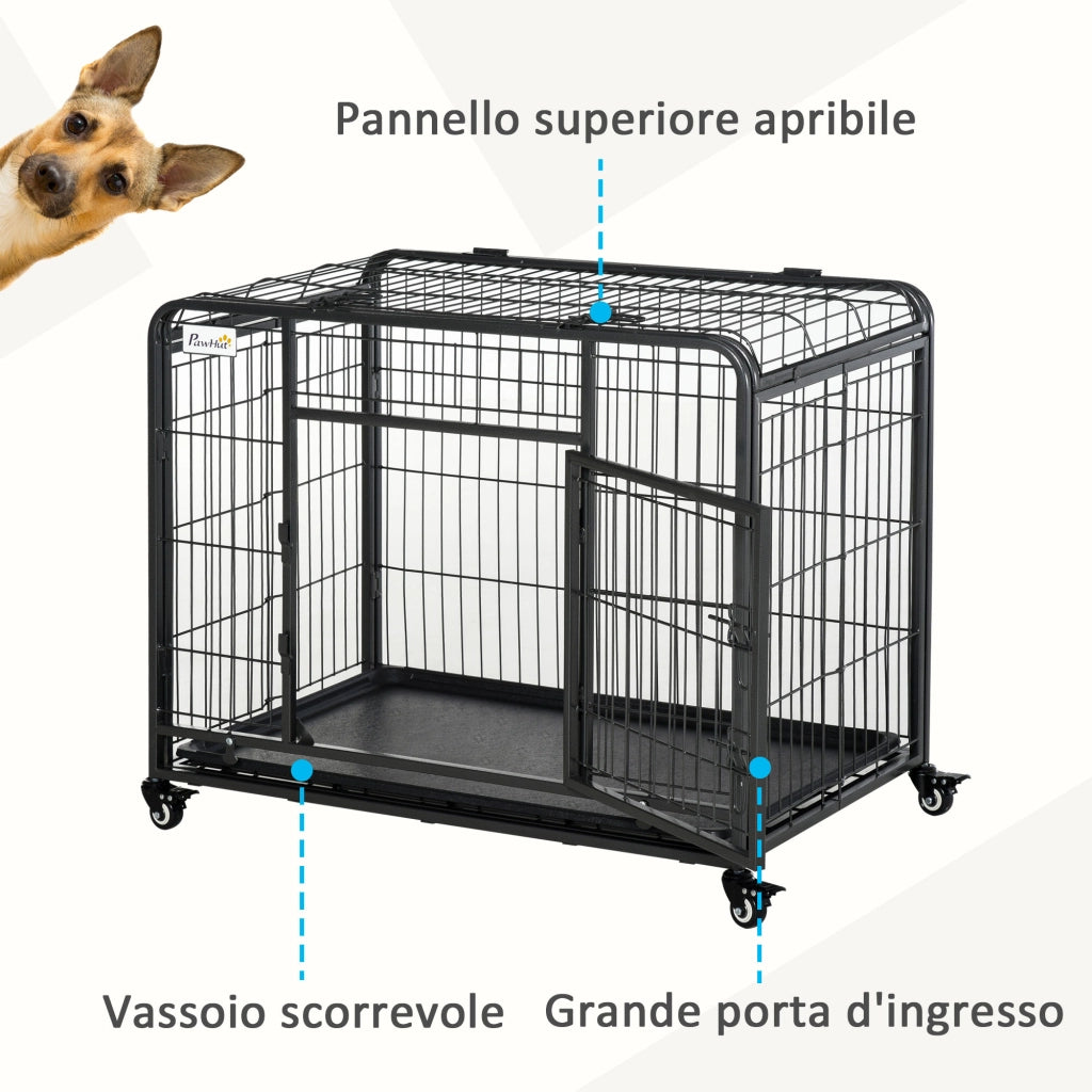 EasyComfort Kennel Gabbia per Cani Pieghevole Doppia Porta con Blocco 4 Ruote con Freno e Fondo Rimovibile, 109.5x71x78cm