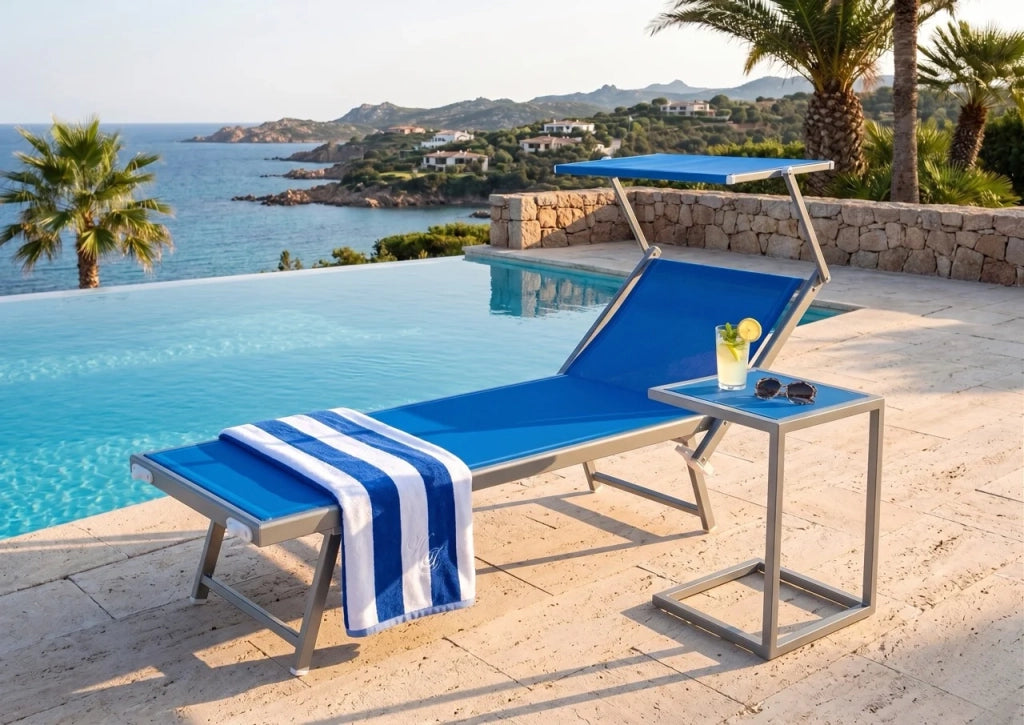 Coppia Lettino Prendisole Pieghevole Blu Sdraio Alluminio con Parasole Mare Giardino Piscina Tessuto Traspirante
