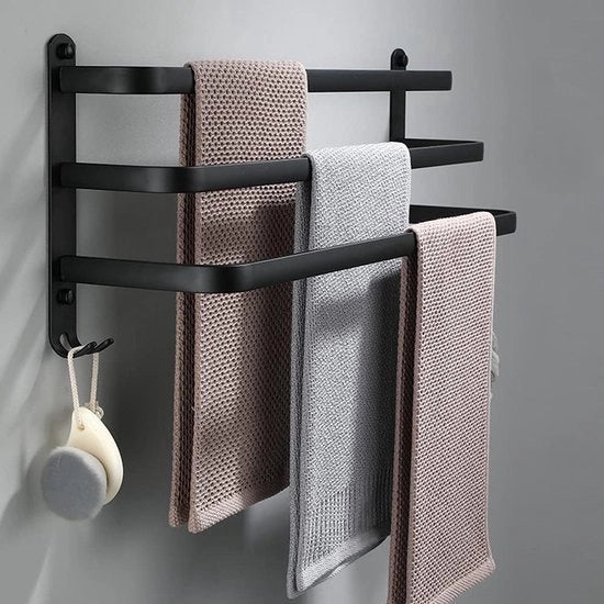 Supporto asciugamani per bagno, 3 animali, griglia asciugamani in alluminio, fissaggio alla parete, 3 livelli, asta asciugamani con ganci, 60 cm, nero, impermeabile, resistente all'umidità, supporto asciugamani per bagno, cucina, asciugamani