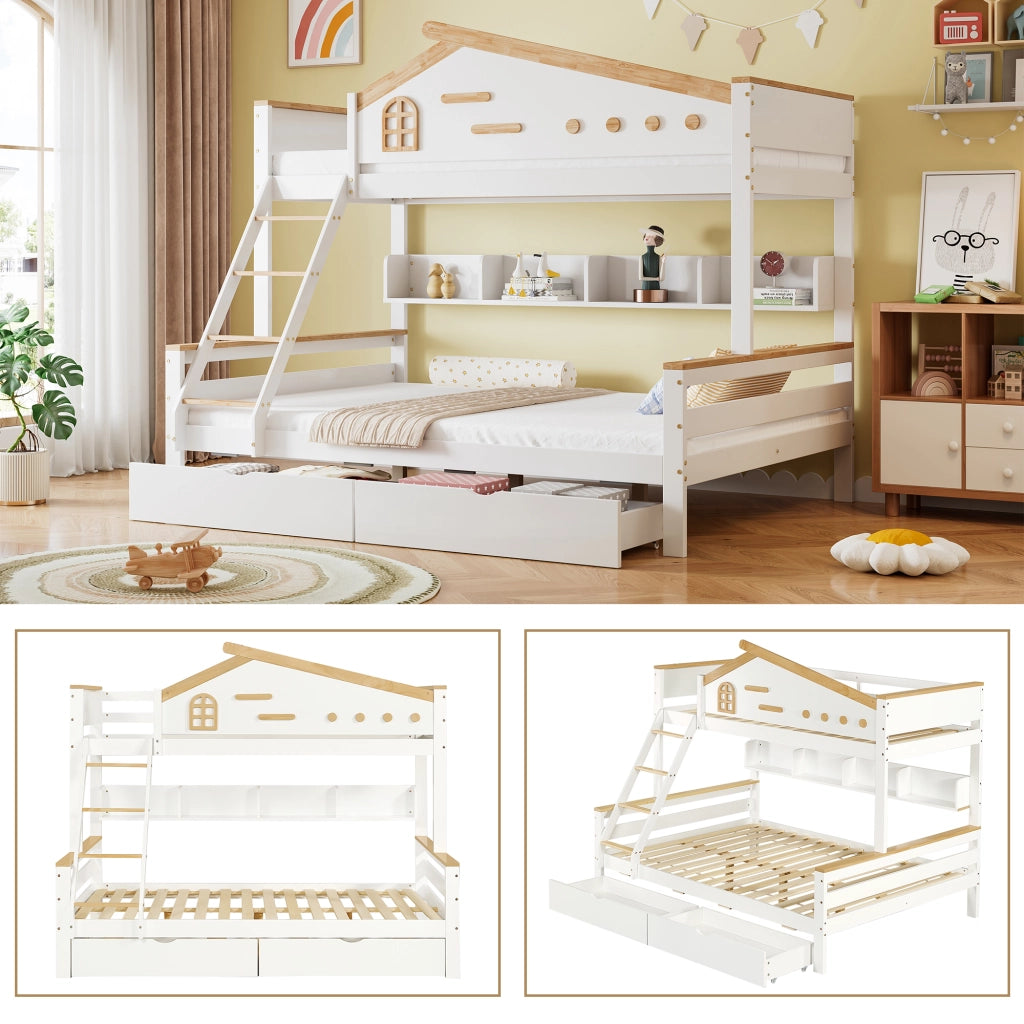 Letto a Castello Letto per Bambini 90x200 cm e 140x200 cm; 2 Cassetti; Mensole e Scala inclinata