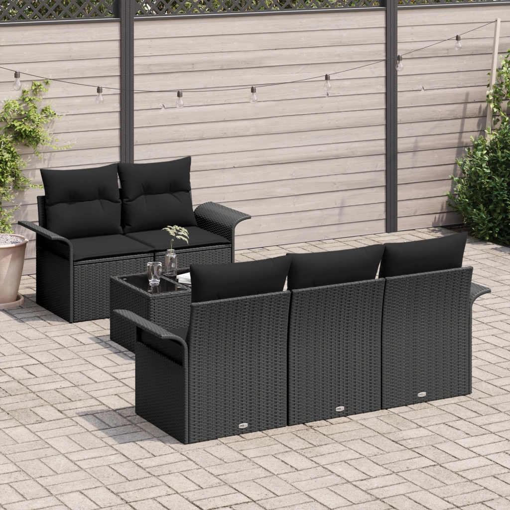 Set di divani da giardino con 6 pezzi e cuscini in polyrattan nero