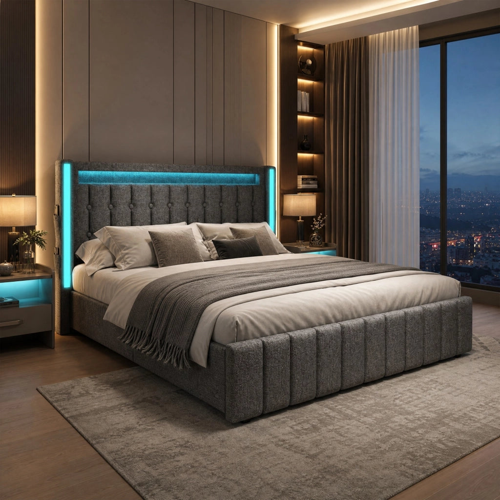 Letto imbottito matrimoniale 160x200 cm con USB Type-C, LED e 4 cassetti, struttura letto con rete in legno, grigio
