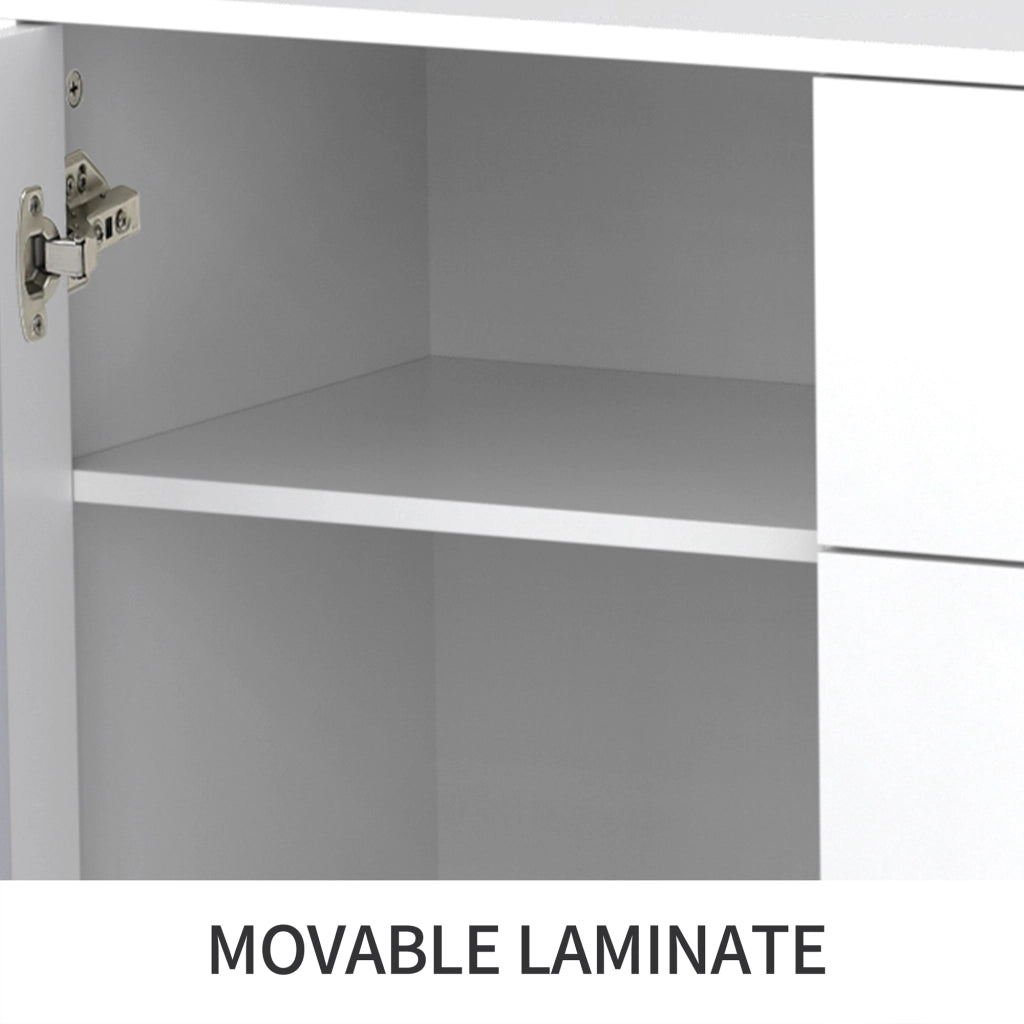 Credenza bianca a specchio con 2 ante, 4 cassetti e ripiano interno per soggiorno e ingresso 147,5 × 40 × 102 cm