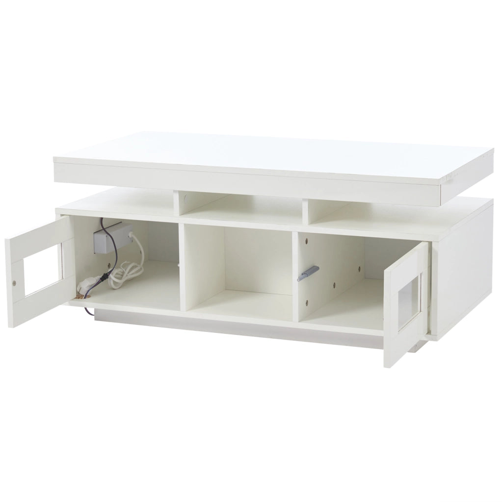 Tavolino da caffè 100x50x43 cm bianco lucido con LED; presa EU; USB e contenitore