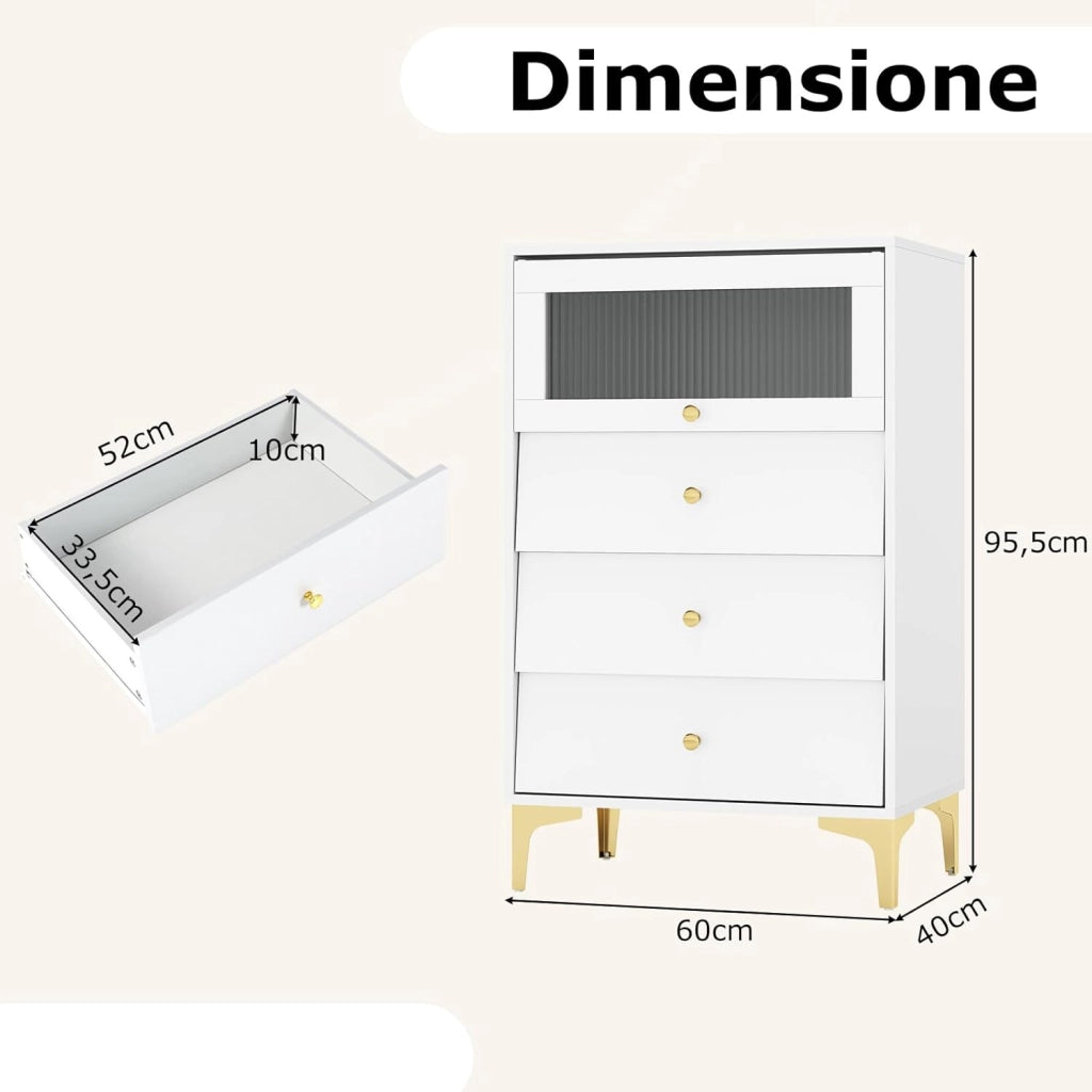 Cassettiera Camera da Letto con 3 Cassetti, Comodino Salvaspazio con Scomparto con Vetrina Ribaltabile, Mobile per Soggiorno Ingeresso e Studio, 60 x 40 x 95,5, Bianco