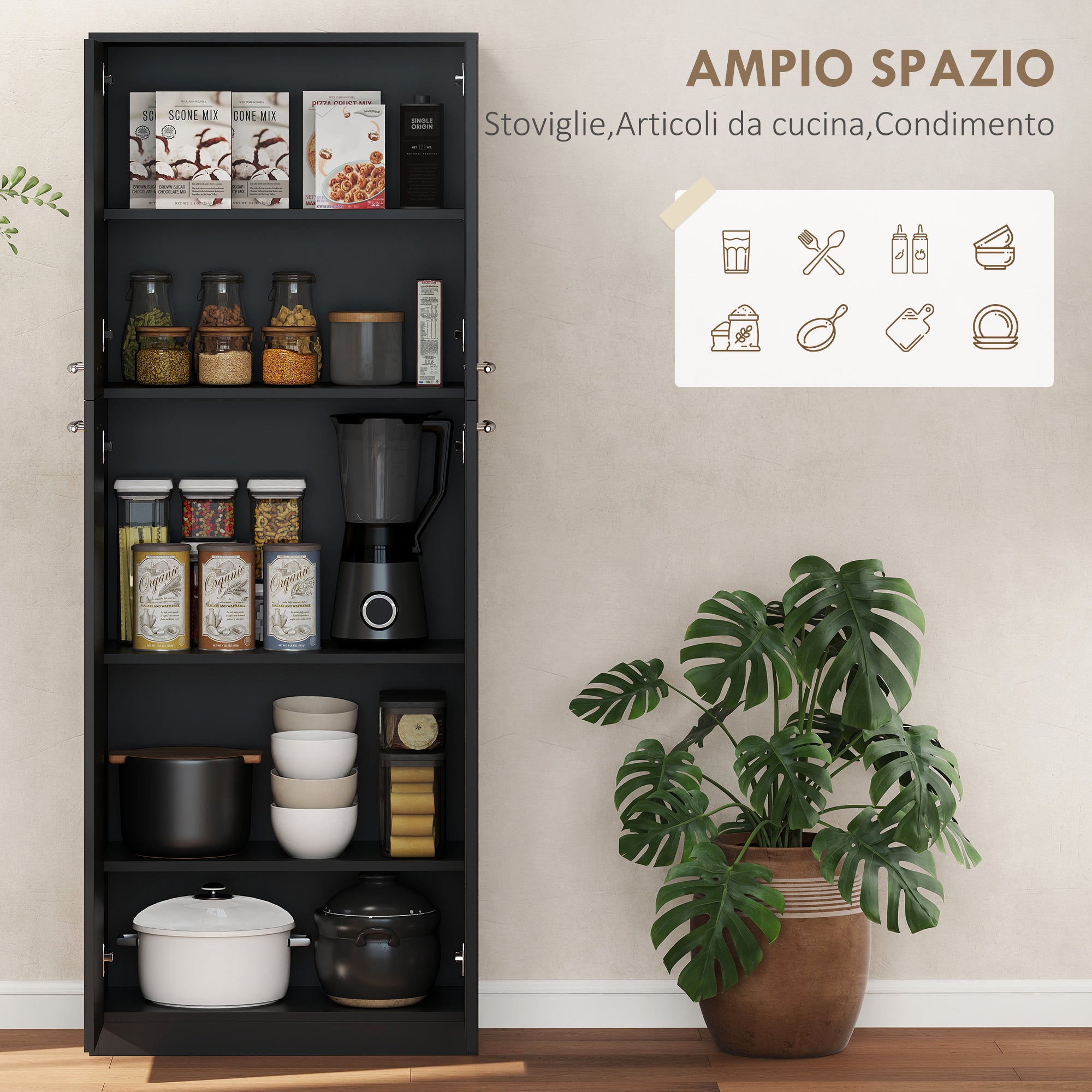 Mobile Contenitore Minimal 59x31x155 cm con 2 Armadietti e Mensole Regolabili in Legno Nero