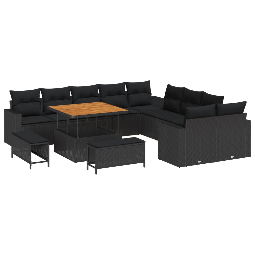 Set divano da giardino  13 pezzi con cuscini Polyrattan nero Acacia