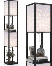 Lampada da Terra a 2 Luci con Mensole, Lampada a Stelo con 2 Paralumi Traforati, Catena a Strappo e Interruttore a Pedale, Richiede Lampadine E27, per Salotto e Camera da Letto (Fiori)