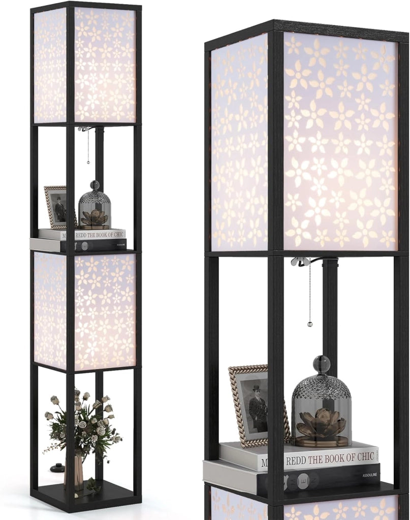 Lampada da Terra a 2 Luci con Mensole, Lampada a Stelo con 2 Paralumi Traforati, Catena a Strappo e Interruttore a Pedale, Richiede Lampadine E27, per Salotto e Camera da Letto (Fiori)