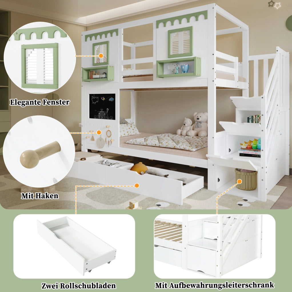 Letto a castello per bambini 90x200 cm bianco e verde