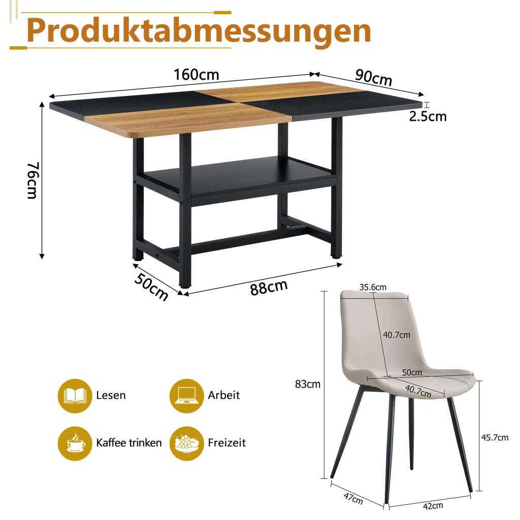 Tavolo da pranzo rettangolare con vano contenitore integrato e 4 sedie in tessuto tecnico, in MDF e metallo, marrone e nero