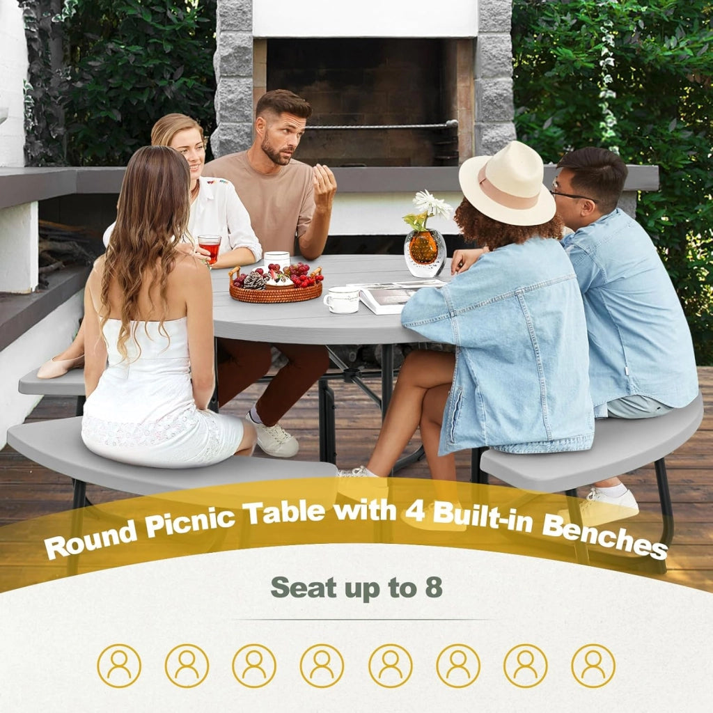 Set da Giardino per 8 Persone, Tavolo Rotondo da Picnic con 4 Panche, Tavolo da Birra in HDPE con Foro per Ombrellone, Set da Esterno Resistente
