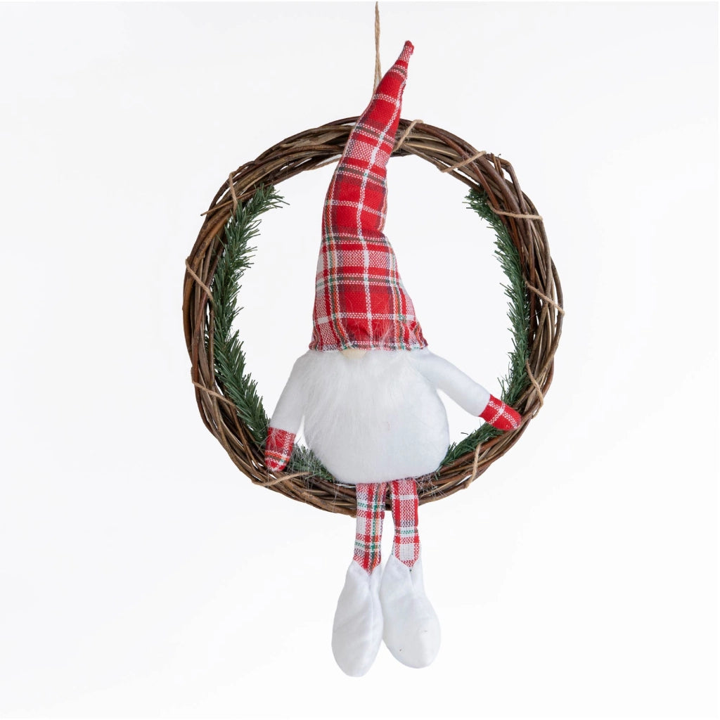 Ghirlanda  Natalizia con Gnomo Seduto Ghirlanda Ø30 cm con Gnomo Alto 50 cm Decorazione per Porta o Parete in Vimini Bianco