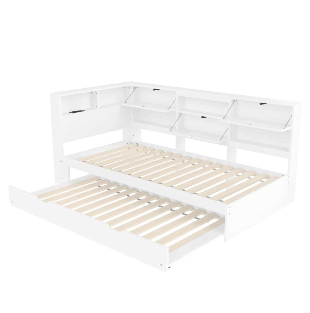 Letto 90x200 cm con testiera contenitore ed estraibile in legno bianco