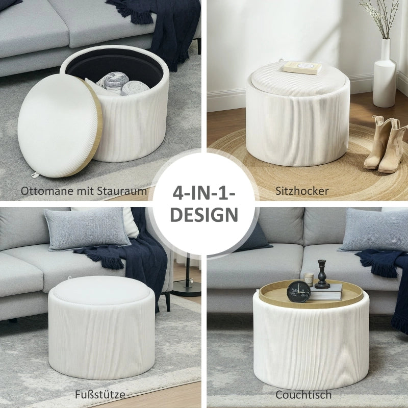 Pouf contenitore rotondo con coperchio, seduta imbottita in effetto corda, Ø56 x 42 cm, crema