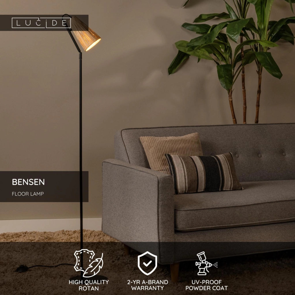 Lampada da terra rattan beige/nero 1xE27 BENSEN Lucide