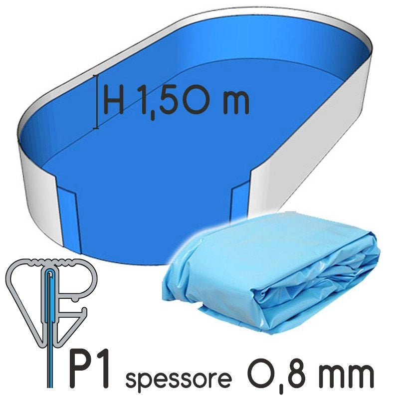 Liner Per Piscina A Forma Ovale 11,00 X 5,00 X H. 1,50 M Sabbia- Attacco P3 - Spessore 0,80 Mm Tipo attacco: P1, Colore: Azzurro