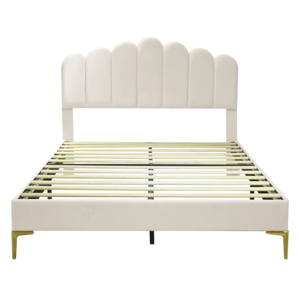 Letto matrimoniale 140x200 cm testiera regolabile in MDF e velluto beige (Senza materasso)