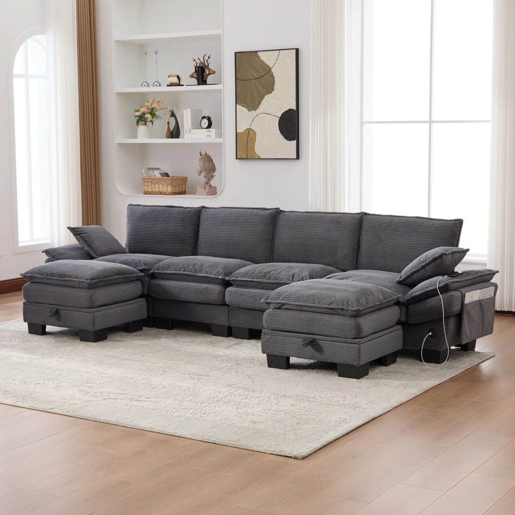 DIVANO modulare 4 posti con 2 pouf 330x132x84 cm velluto a coste grigio scuro