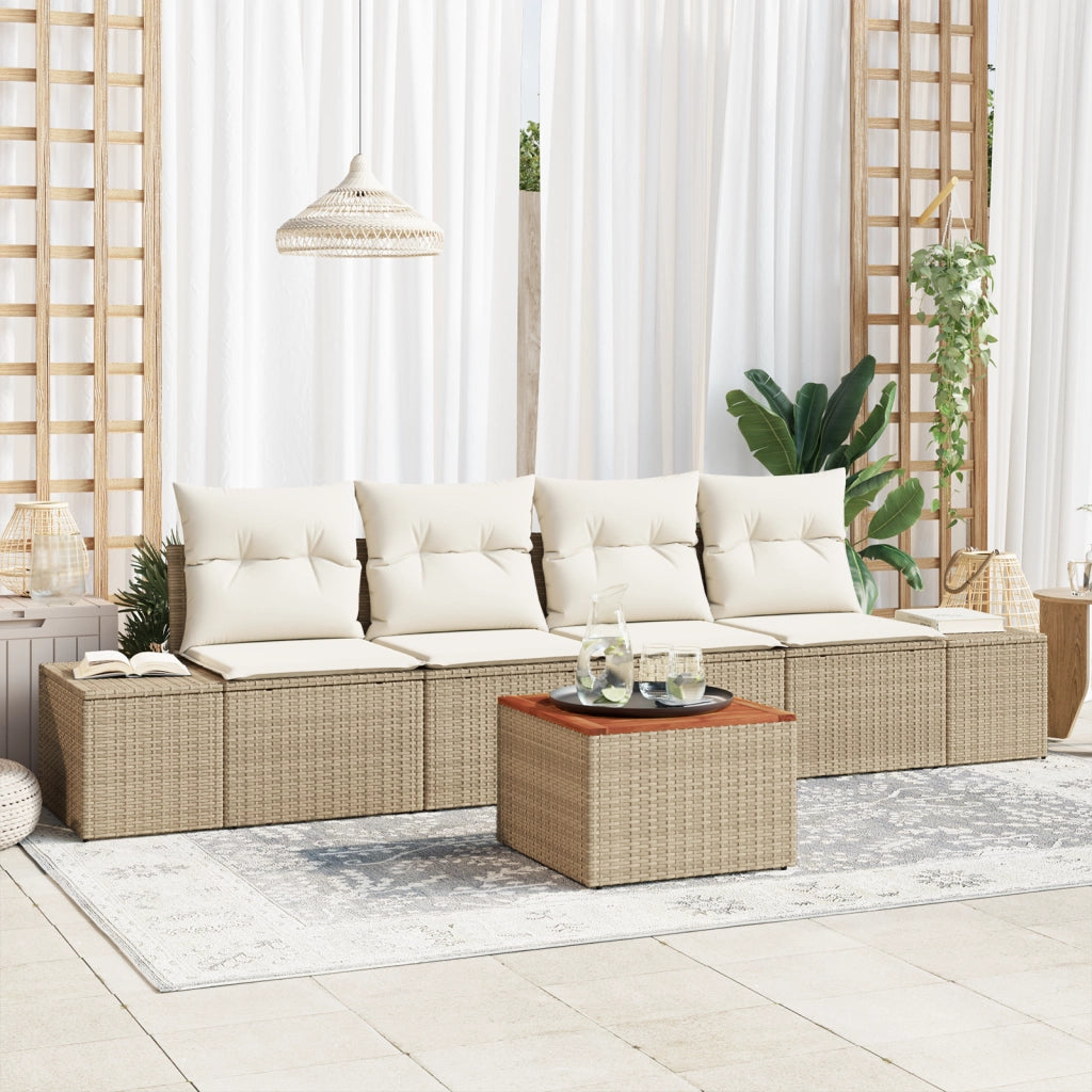 Set Divano da Giardino 5 Pezzi con Cuscini Beige Polirattan Acacia