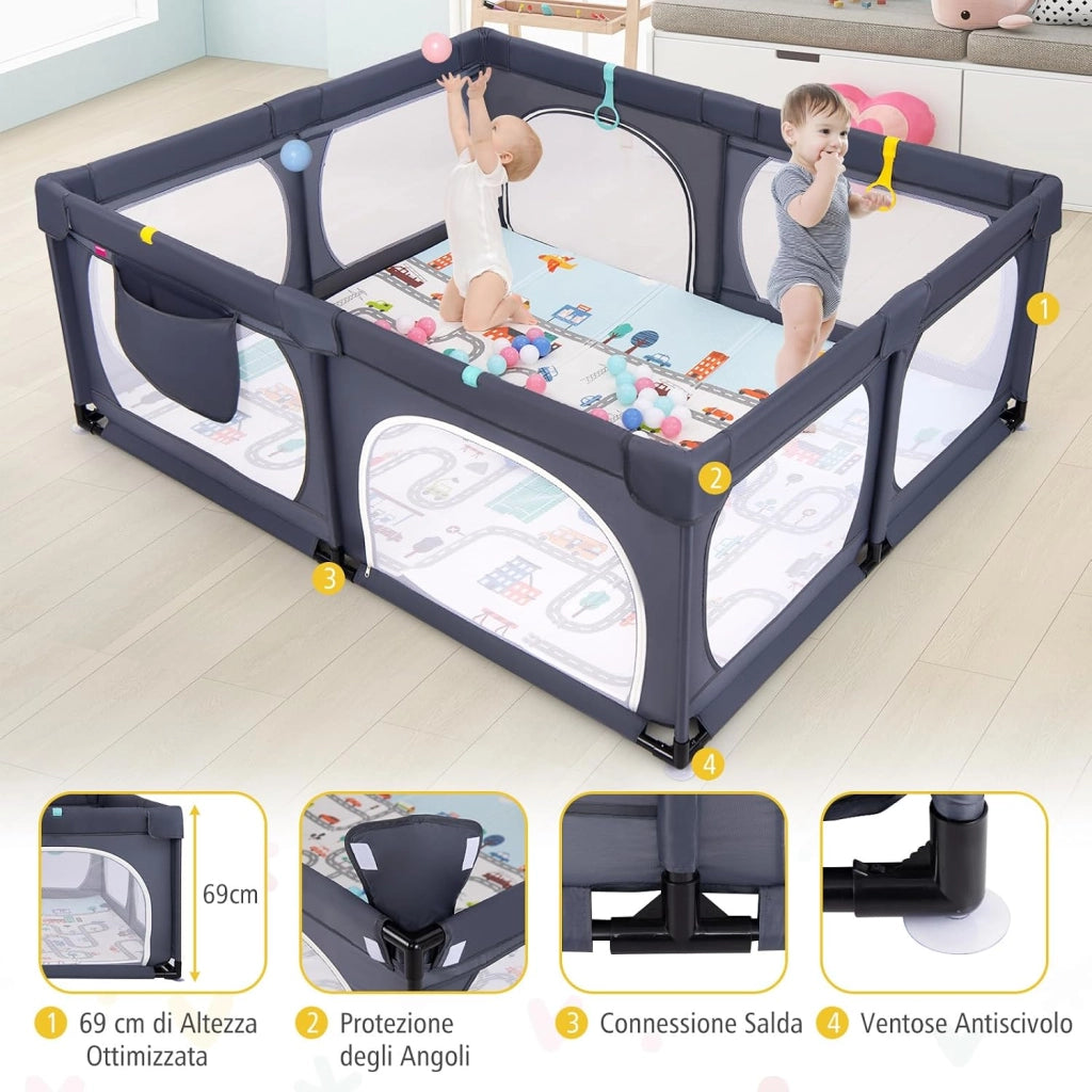 Box per Bambini con Materassino, Recinto per Bambini con 4 Anelli e 50 Palline Colorate, Rete Traspirante, Tasca e Borsa, Box Giochi per Bambino 0-3 Anni (Grigio Scuro, 189 x 158 cm)
