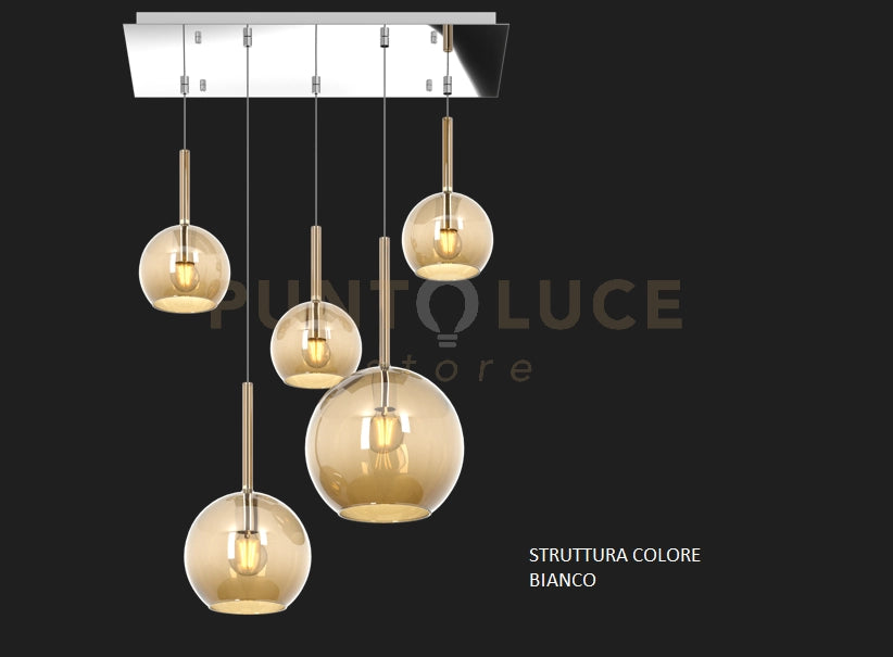 SOSP. BIANCO RETTANGOLARE 5 LUCI VETRI (1 GRANDE+1 MEDIO+3 PICCOLO) TUTTI AMBRA 1155BI-S5 RMIX-AM