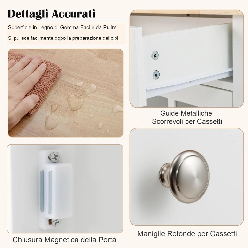Carrello da Cucina, Armadietto Mobile con Piano in Legno di Gomma Ruote Bloccabili Cassetto e Porta Asciugamani, Carrello Isola da Cucina, 65x48,5x87,5 cm