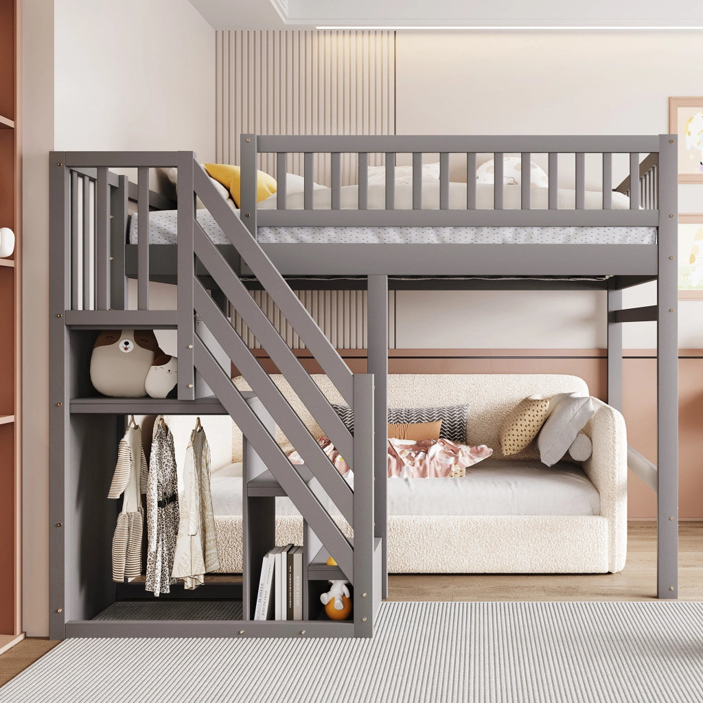 Letto a castello in legno grigio con scala contenitore altezza parapetto 140x200 cm