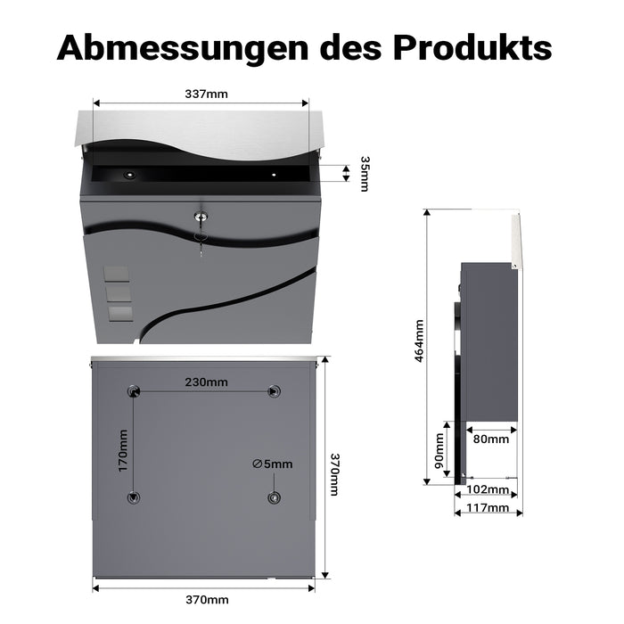 Cassetta postale con vano portagiornale V28 antracite e acciaio inox 370 x 102 x 370 mm