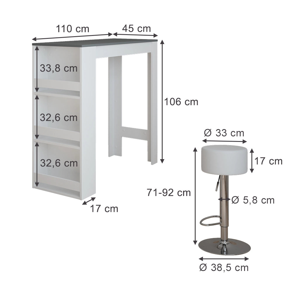 Vicco tavolo bar con sgabelli Bianco/antracite 45 x 110 cm con 2 sgabelli da bar