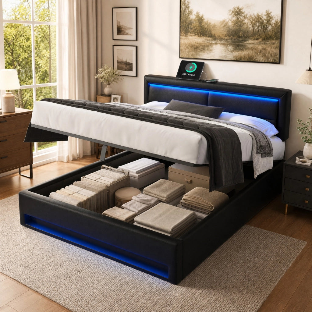 Letto imbottito 160x200 cm con USB, illuminazione LED e contenitore, nero, senza materasso