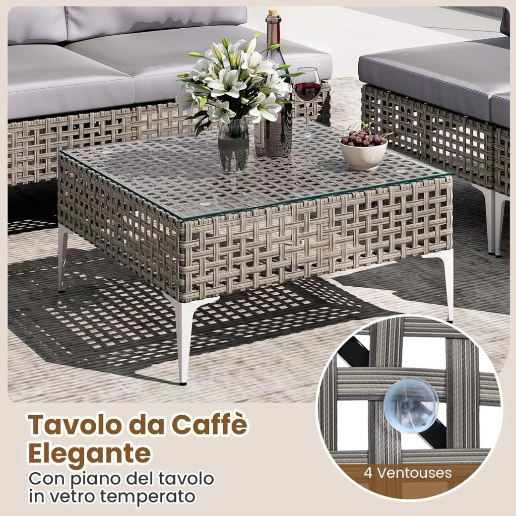 Tavolino e 2 Sedie da Giardino, Set da Conversazione in Rattan con Cuscini e Tavolino in Vetro Temperato, Set da Bistrò per Veranda, Balcone e Cortile (Modello 1,3 pezzi)
