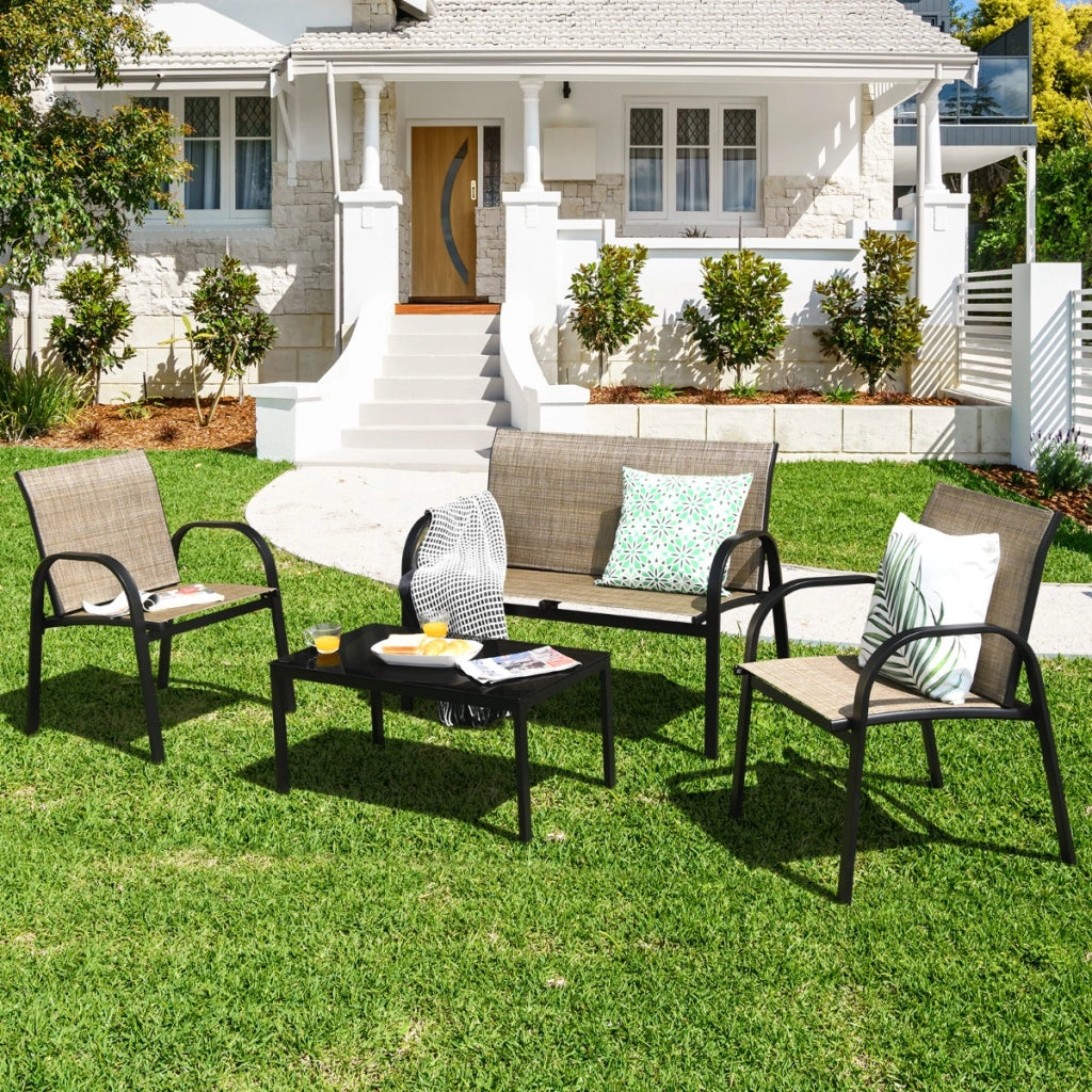 Set mobili da giardino con 4 pezzi per chiacchierare, Sedie da cortile in ferro e tessuto a rete con tavolino in vetro Marrrone-Set mobili da esterno