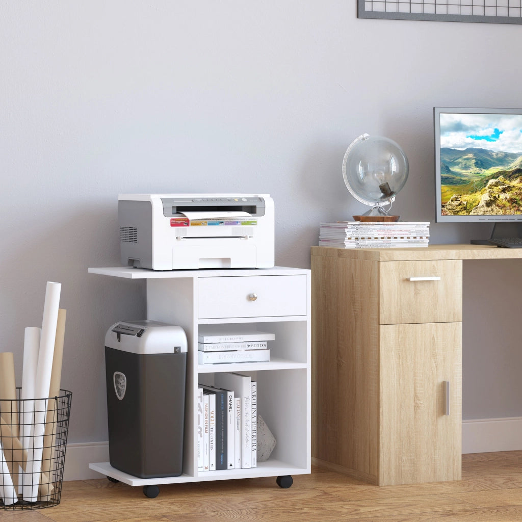Mobiletto per Stampante in Legno con 4 Ruote, Mensola Regolabile e Piano per CPU, Bianco