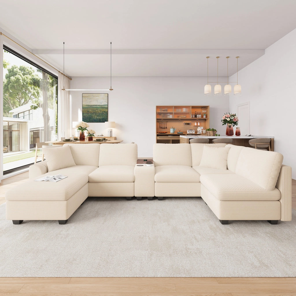 Divano angolare modulare 6 posti con pouf contenitore console mobile e porte usb type c in tessuto beige