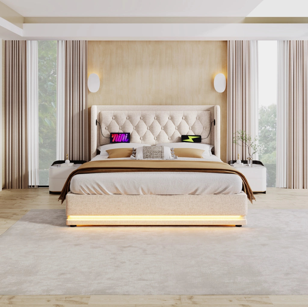Letto matrimoniale 160x200 cm con contenitore; LED e USB Type-C; imbottito beige in cotone