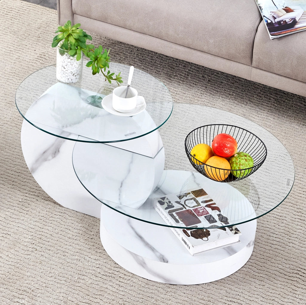 Tavolino da caffè 78.51x78.99x24.51 cm a due livelli con piano in vetro di sicurezza in MDF bianco