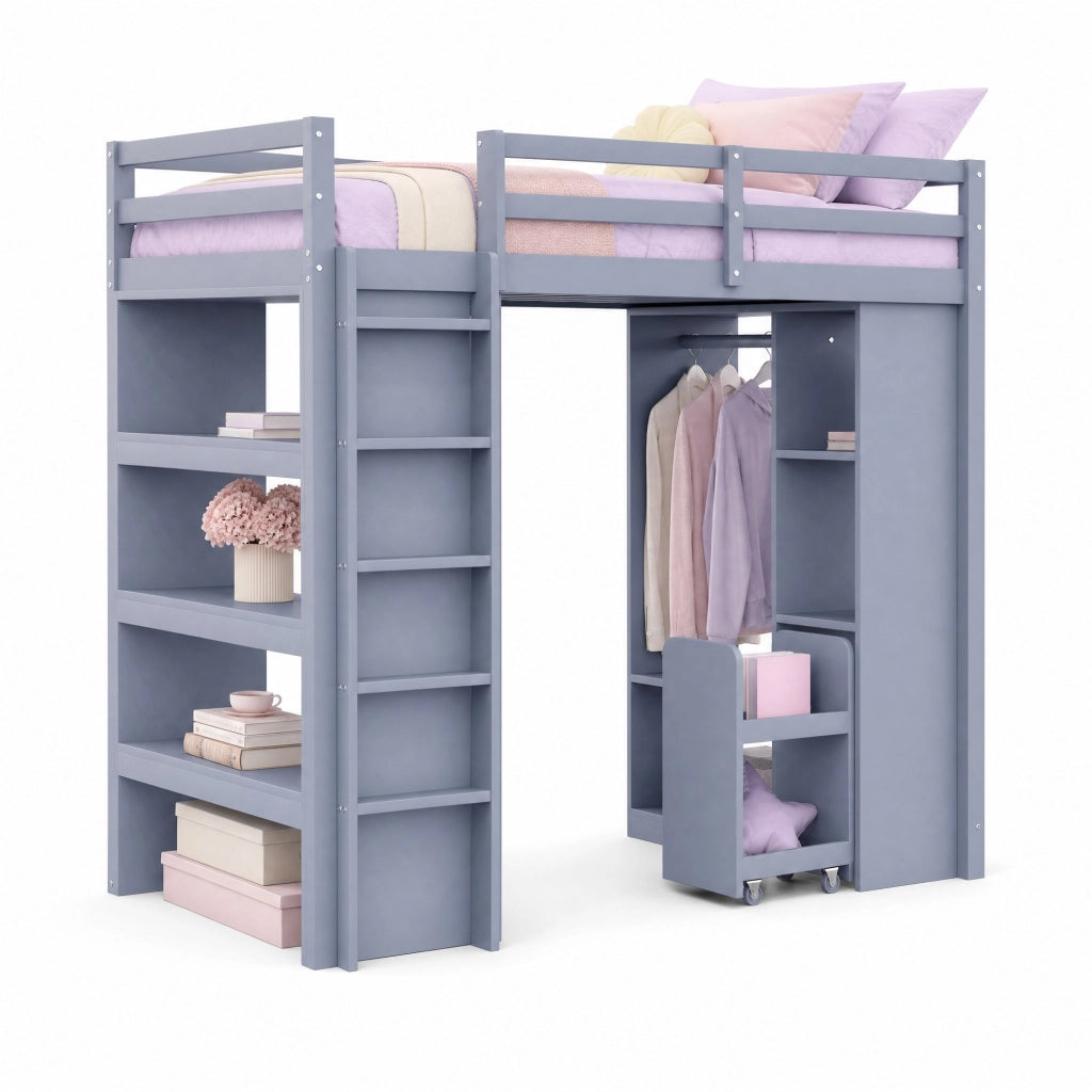 Letto a soppalco singolo 90×200 cm con ripiani; appendiabiti e carrello estraibile; senza materasso; legno; grigio