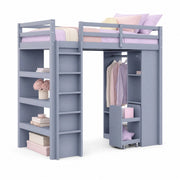 Letto a soppalco singolo 90×200 cm con ripiani; appendiabiti e carrello estraibile; senza materasso; legno; grigio