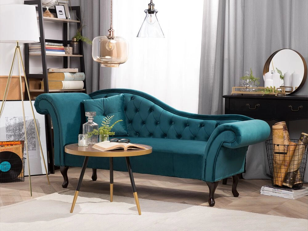 Chaise longue velluto verde acqua bottone trapuntato tappezzeria braccio arrotolato versione sinistra con cuscino