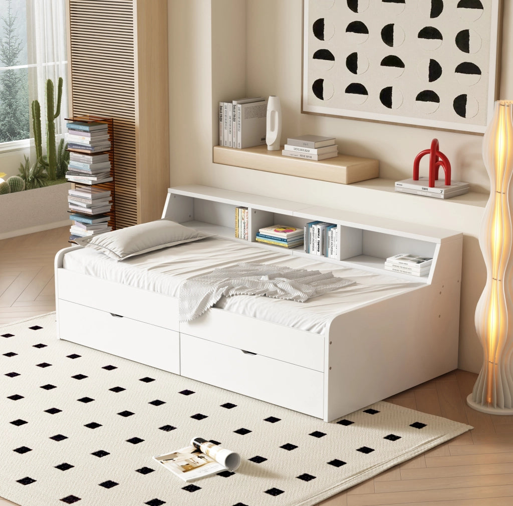 Letto daybed 90x200 cm con 2 cassetti e vani contenitore, bianco