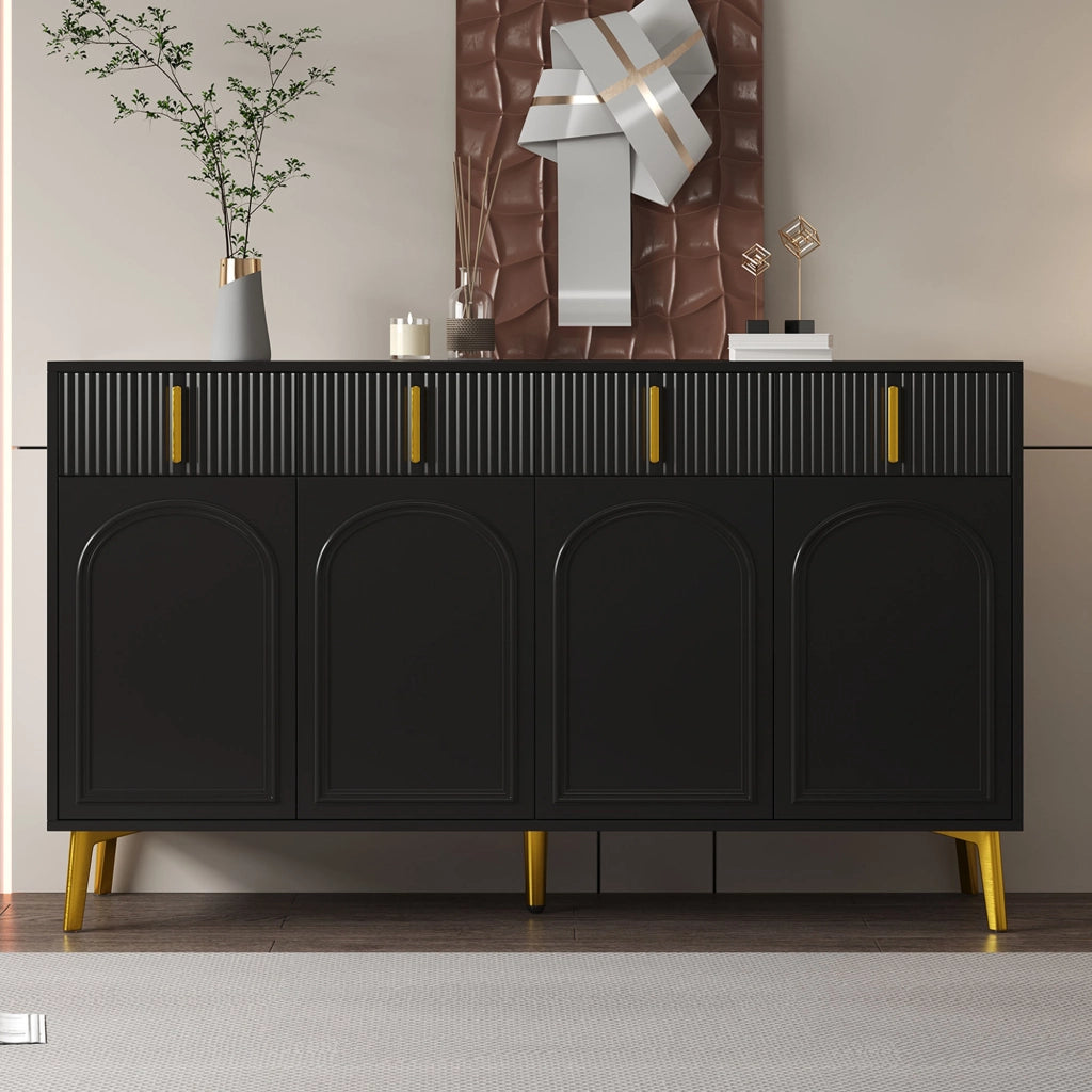 OKWISH Credenza con 4 Ante e 4 Cassetti, Ripiani Regolabili, per Soggiorno e Sala da Pranzo, MDF, Nero, 140 x 38 x 82 cm