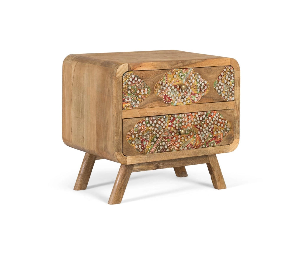 Comodino in legno di mango dipinto a mano con finitura etnica