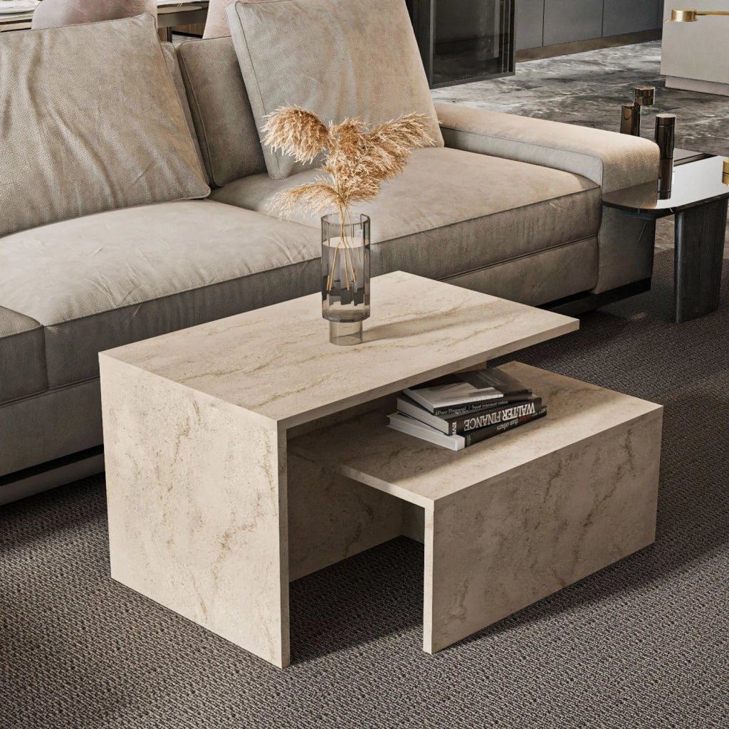 Tavolo nido in legno "Twins" (2 pezzi) 72 x 45 x 42 cm - Travertino